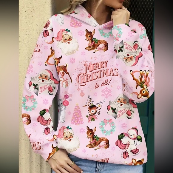 Pink Santa Retro Christmas Sweatshirts Pink Christmas Hoodiie Vintage Reindeer - Picture 4 of 5